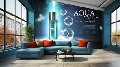 Aqua skin care cosmetic ad promoting poster template. Underwater  blue sunlight ray bubble vector and deep sea realistic background 3d illustration. Wall mural