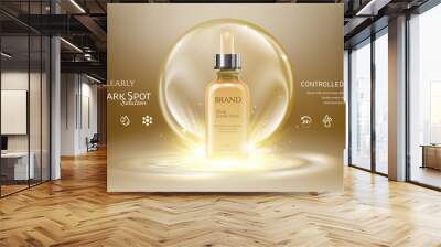 gold serum essence oil bottle on bubble liquid effect background. premium skincare treatment ad conc Wall mural