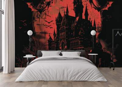 A vector illustration of the moonlight shining on an ancient vampire castle with bats flying around, on a dark background, with a gothic, spooky theme and intricate details Wall mural