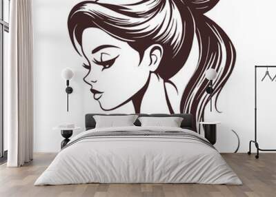 Vector illustration of young girl with a high ponytail hair, side view, simple lines Wall mural