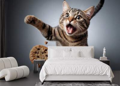  A close-up of a cat catching a treat mid-air.  Wall mural