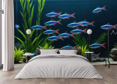  A vibrant school of neon tetras swimming in a crystal-clear aquarium.  Wall mural