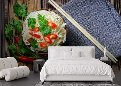 line  noodle  chopsticks and coriander fresh chilli have smoke ready eat. place on wood table have pattern luxury Wall mural