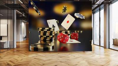 Dice with cards and chips on the desk in the casino.  Wall mural