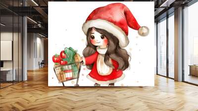 a super cute cartoon lovely Girl wearing santy costume and standing food cart Go buy vegetables in the supermarket, single object, watercolor illustration Wall mural