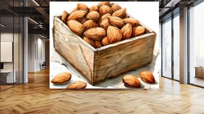 almonds on paper box illustration, grains, full body, watercolor illustration, single object, isolate on white background for removing background. Wall mural