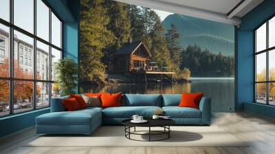 A cabin is on a lake with a view of mountains. The cabin is surrounded by trees and the water is calm. Wall mural