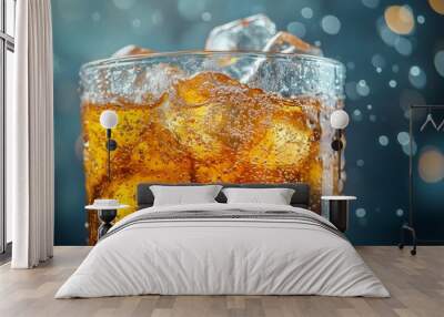 A glass of soda with ice cubes in it. The ice cubes are melting and the soda is fizzy. Wall mural