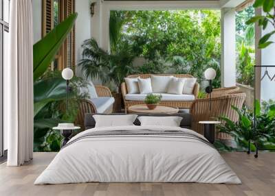 A patio set Tropical-inspired outdoor. The scene is set in a lush, green jungle, with palm trees. Wall mural