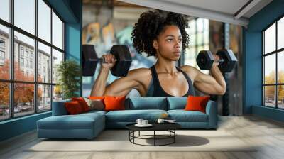 A woman is lifting weights in a gym. Wall mural