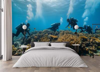 Divers and marine biologists working together to restore coral reefs. Wall mural