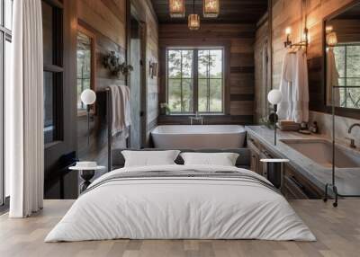 Modern rustic bathroom interior design, The room is filled with natural light and has a cozy. Wall mural