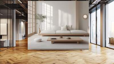 Scandinavian-Japanese fusion living room. The minimalistic and organic aspects of Japanese design. The room is very clean and well-lit. Wall mural