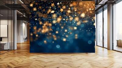 Blue background with amazing soft bokeh lights and shiny golden elements - Christmas or New Year background Wall mural