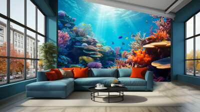 Colorful underwater coral reef, colorful fish and sun rays penetrating underwater surface Wall mural