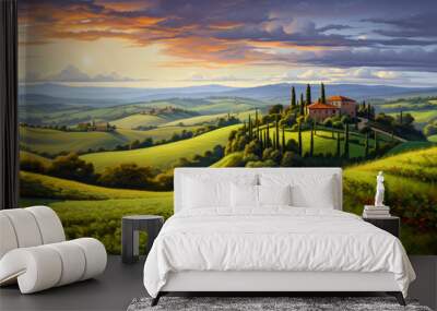 Drawing of abstract rural landscape in Tuscany with road, fields, houses and trees at sunset Wall mural