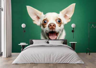 Portrait of white chihuahua dog with funny surprised expression on its face on green background Wall mural