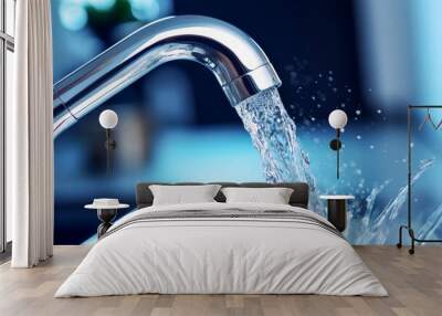 Steel chrome faucet with water flow Wall mural