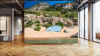 Big greek flag painted on large rock at Tsambika beach at Rhodes island in Greece Wall mural