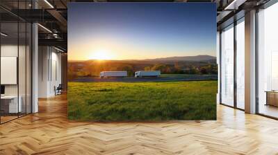 White truck transport on the road and cargo at sunset Wall mural