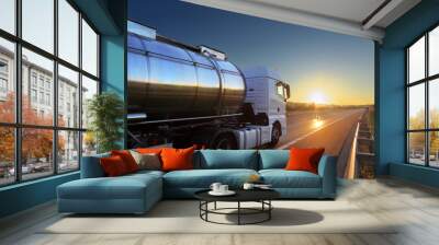 White truck transport on the road at sunset and cargo  Wall mural