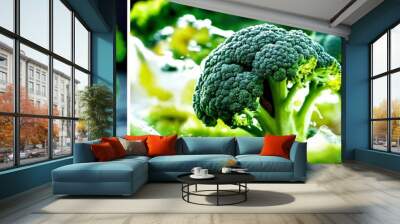 Splashes and waves of broccoli juice isolated on sweet fresh broccoli Wall mural