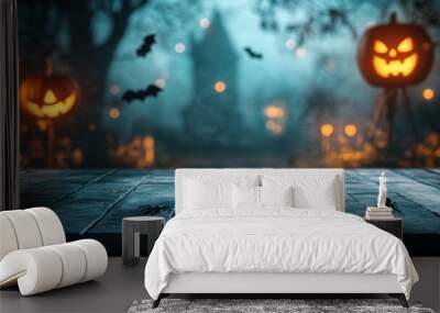 Black marble table with blurred background of a spooky Halloween for Halloween festival.Black marble table with a blurred background of a spooky Halloween scene for a Halloween festival. Wall mural