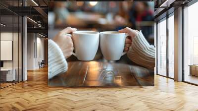 Close-up image of a man and a woman holding and clinking white coffee mugs in a cafe. Wall mural