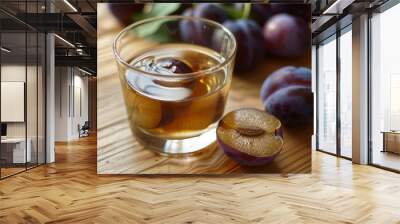 Plum wine, or Umeshu, is made by steeping fresh Japanese plums (ume) in shochu or white liquor with sugar. This liqueur is delightful in mixed drinks due to its appealing fruity aroma and sweetness. Wall mural