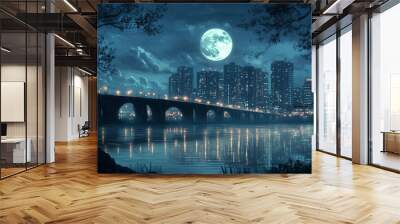 bridge across the river with the moon and town at night for background Wall mural