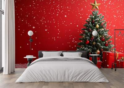 christmas tree and gifts and decoration with snow on red background Wall mural