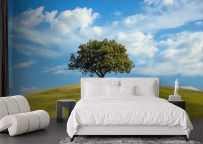 green tree on hill with blue sky background, wallpaper Wall mural