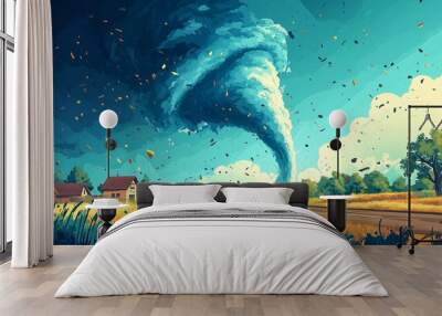 A flat design of a flood submerging houses, with people evacuating in boats. Wall mural