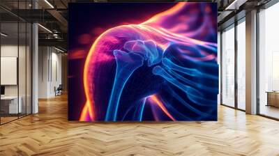 A skeletal and muscular overlay showing the shoulder during a throwing motion. Wall mural