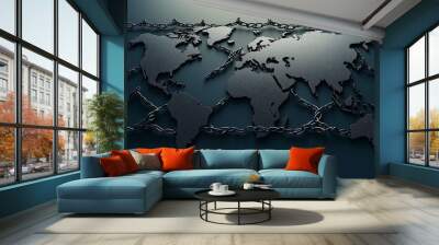 A world map with fences and barriers drawn between continents, trade fencing, economic protectionism concept Wall mural