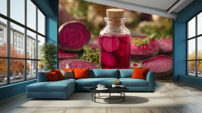 Beetroot extract in a small bottle, surrounded by fresh beetroot slices. Wall mural