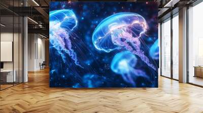 Bioluminescent Jellyfish Patterns A soft floating pattern of bioluminescent jellyfish with their tendrils extending out creating a calming underwater scene. Wall mural