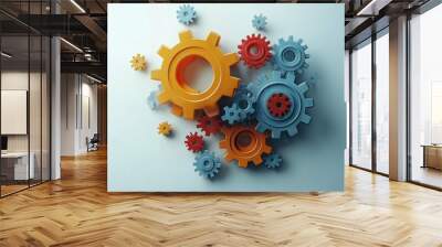 Conceptual gears and shapes forming a visual representation of creative growth on a solid light gray background. Wall mural