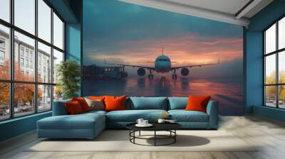 Early morning flight boarding at an airport, Monday morning, travel and new opportunities Wall mural