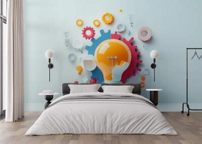 Floating conceptual elements forming a creative development process on a solid white background. Wall mural