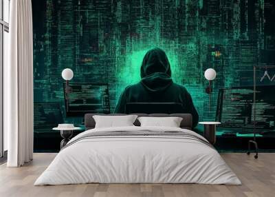 Hacker at Work with Cybersecurity Threats Visible Wall mural