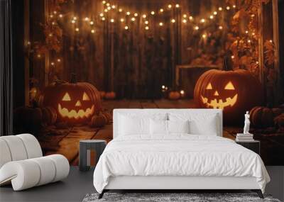 Halloween-themed decorations with eerie lighting on a solid dark brown backdrop. Wall mural