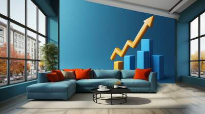 A bold yellow arrow showing profit growth on 3D bar graph with blue bars, set against blue background Wall mural