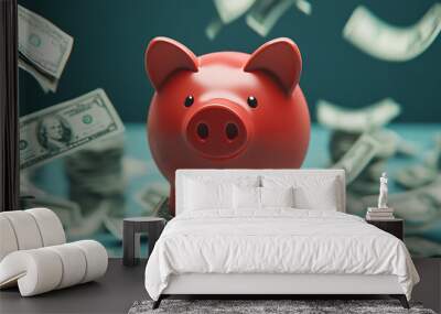 A red piggy bank sits on stacks of U.S. dollar bills with money flying around, symbolizing savings and financial growth Wall mural