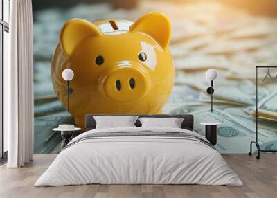 A yellow piggy bank sits on pile of cash, symbolizing savings and financial growth. scene is well lit, emphasizing importance of money management Wall mural