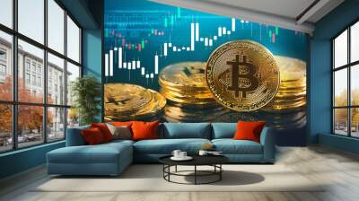 bitcoins and new virtual money concept.gold bitcoins with candle stick graph chart and digital backg Wall mural