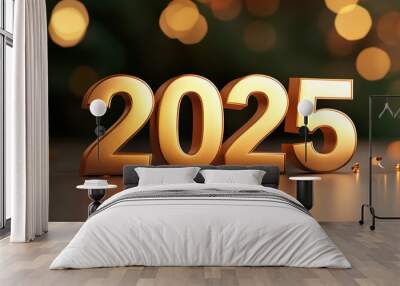 Celebrate arrival of new year 2025 with golden numbers shining brightly against festive backdrop. warm bokeh lights create joyful atmosphere, perfect for welcoming new beginnings Wall mural