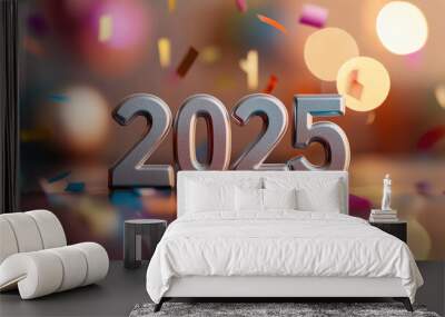 Celebrating arrival of new year 2025 with vibrant confetti and colorful bokeh lights, creating festive atmosphere filled with joy and anticipation Wall mural