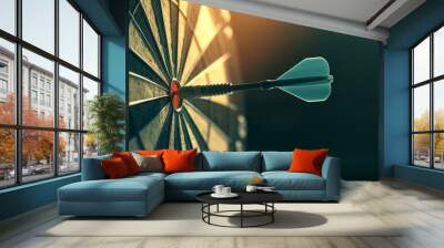 dart striking bullseye of dartboard symbolizes precision and focus, capturing thrill of game. image showcases darts sharp tip and vibrant colors of board Wall mural