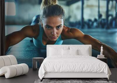 Focused and determined, woman performs workout on gym mat, showcasing strength and dedication in fitness environment. Her posture emphasizes her commitment to health and fitness Wall mural